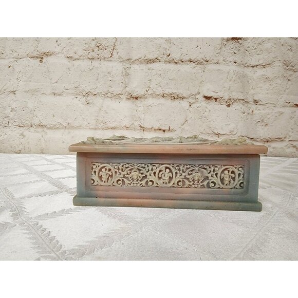 Incolay Stone Pink & White Trinket Jewelry Box 7"x7" Cupid Angels Square - Picture 4 of 9